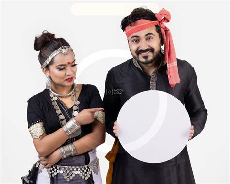 Tharu Couple In Traditional Dress With Circular Playcard Photos Nepal