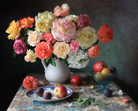 Still Life With Garden Roses And Summer Fruits Photograph By Tatyana