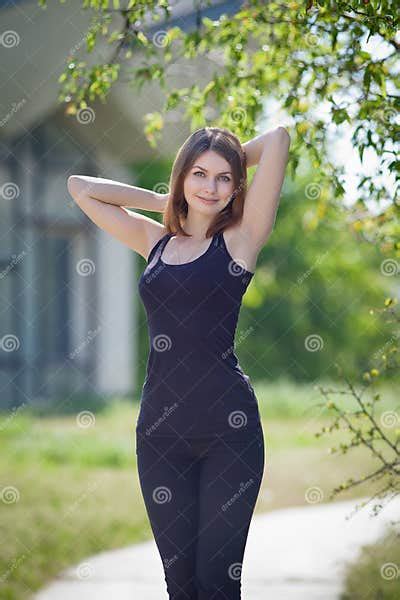 slender girl in black on open air stock image image of girl brunette 31859365
