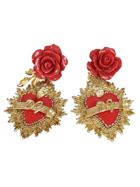 Dolce And Gabbana Rose And Heart Drop Clip On Earrings In Metallic Modesens