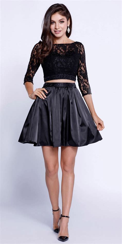 Quarter Sleeves Lace Top Short Two Piece Prom Dress Black