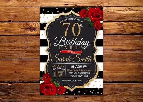 70th Birthday Party Invitation Red Roses And Gold 70th Etsy