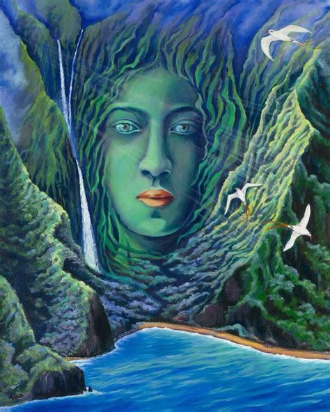 A Painting Of A Womans Face Surrounded By Trees And Water With Birds