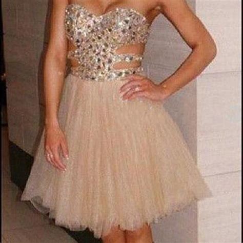 Strapless Beaded Bodice Homecoming Dresses Nude Cocktail Dresses Shinny
