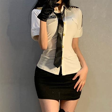 white sexy policewoman cosplay anchor costume flight attendant uniform secretary pure erotic