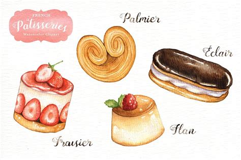 French Patisseries Hand Painted Desserts Drawing Dessert