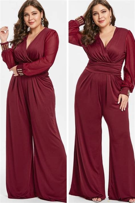 plus size long sleeves surplice jumpsuit with rivets dress jumpsuit classy jumpsuits for