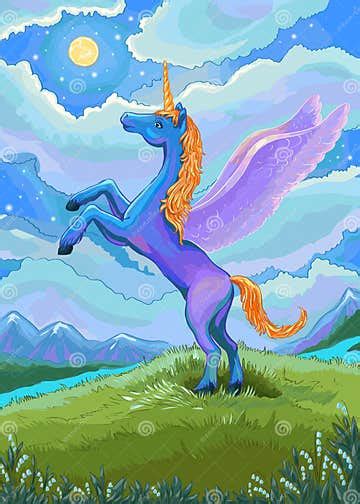 Unicorn Illustration Blue Unicorn In The Night Of The Landscap Stock