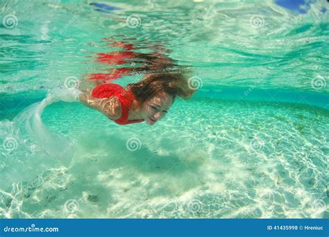 Lady In Red Swim Dress Water Sea Diving Stock Photo Image 41435998