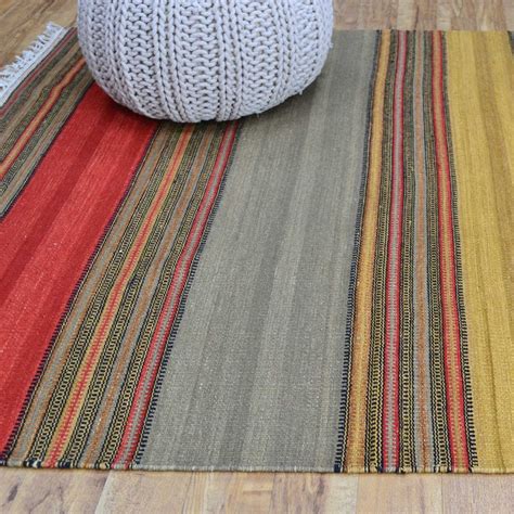 Modernrugs.com white taupe black orange pink red striped rug. Stripe Kelim Rug in Red Yellow and Grey buy online from ...