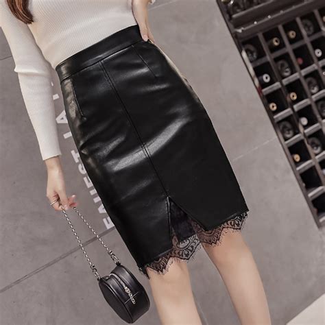 Buy New 2018 Autumn Winter Female High Waist Long Pu Leather Skirt Lace