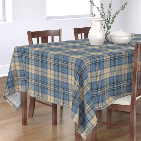 Tablecloth Plaid Blue Beige Brown Tartan Check Scottish Cotton Sateen