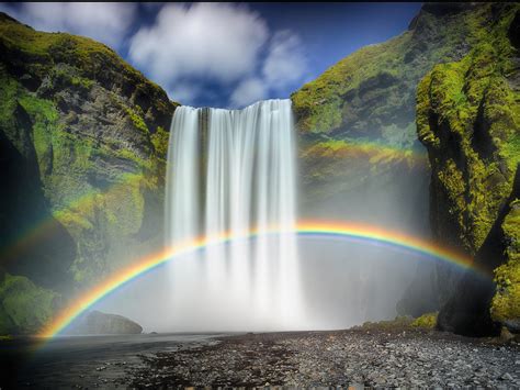 Free Download Rainbow Moss Rock Waterfall Skogafoss Waterfall