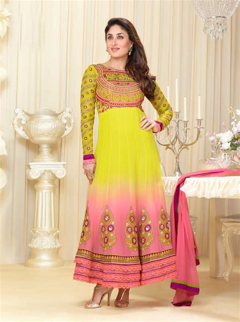 Kareena Kapoor Style Shaded Yellow And Pink Color Faux Georgette Fabric Salwar Kameez With