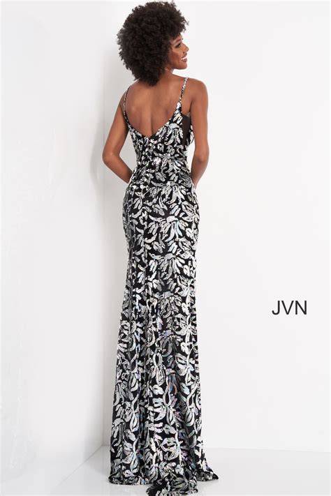 Jvn04072 Black Sequin Embellished High Slit Prom Dress