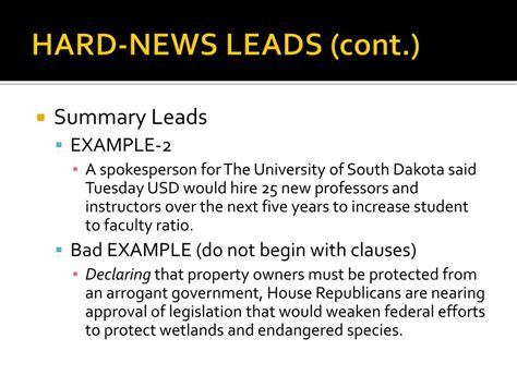 Remember that you are writing a news article and using flowery language never makes a good news lead example. PPT - LEADS & NUT GRAPHS PowerPoint Presentation, free ...