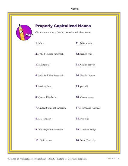 Capitalizing Proper Nouns Worksheet