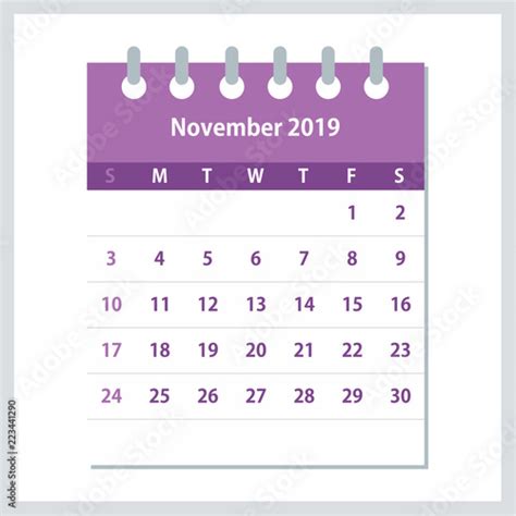 November 2019 Calendar Leaf Monthly Calendar Design Template Stock