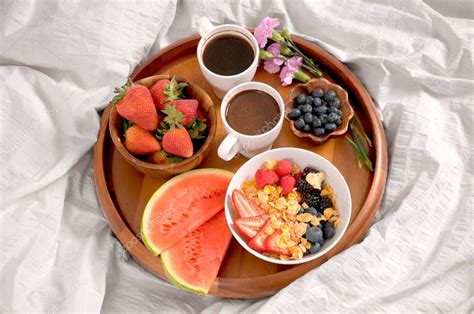 Breakfast In Bed Healthy Food And Coffee On Tray — Stock Photo