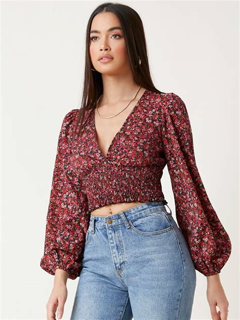 Shein Privé Bishop Sleeve Shirred Detail Ditsy Floral Top Shein Usa