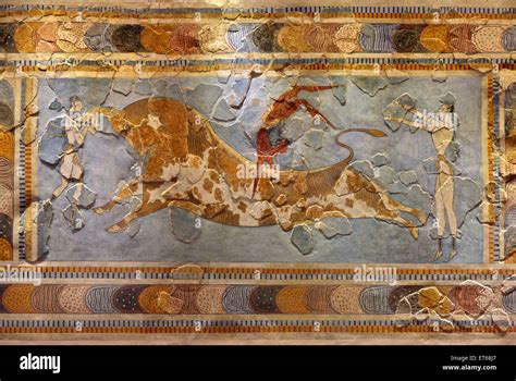 Il Bull Saltando Affresco Del Palazzo Minoico Di Cnosso Nel Museo Archeologico Di Heraklion