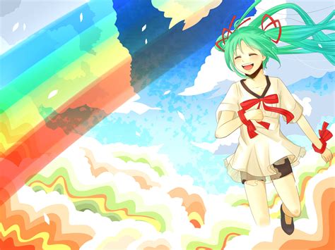 Bow Clouds Dribble Green Hair Hatsune Miku Rainbow Ribbons Sky Twintails Vocaloid