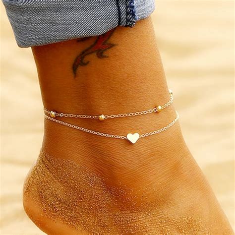 Solid Simple Heart Ankle Layering Pendant Anklet Beaded Foot
