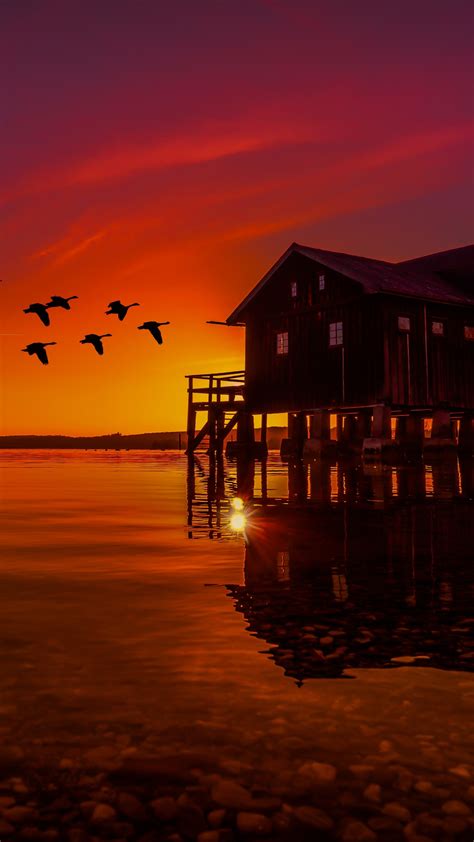 2160x3840 Lake House On Pier Birds Flying Sunset Scenery Sony Xperia X