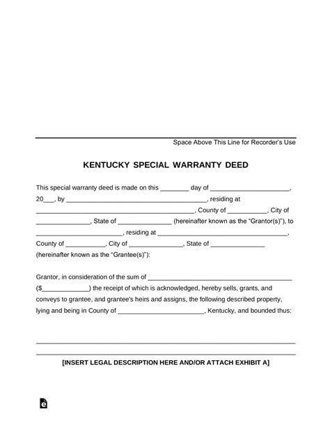 Free Kentucky Special Warranty Deed Form Word Pdf Eforms