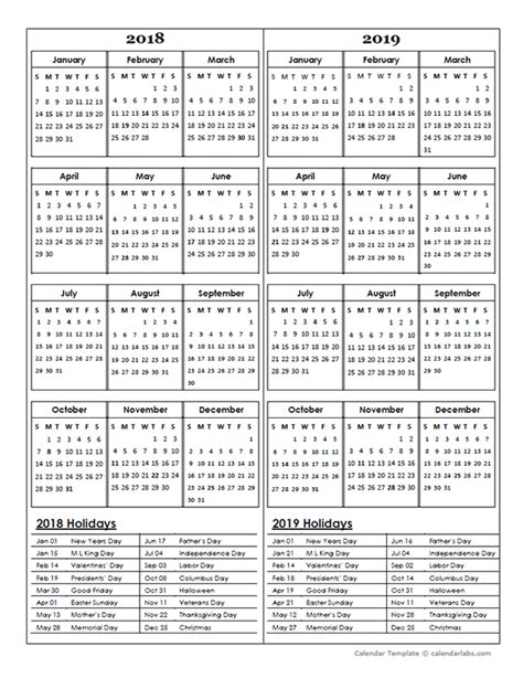 Two Year Calendar Template 2018 And 2019 Free Printable Templates