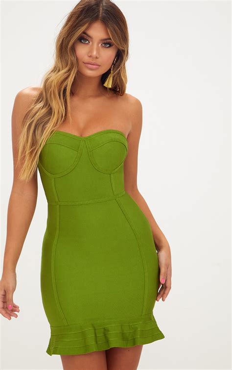 Olive Green Bandage Frill Hem Bodycon Dress Prettylittlething Usa