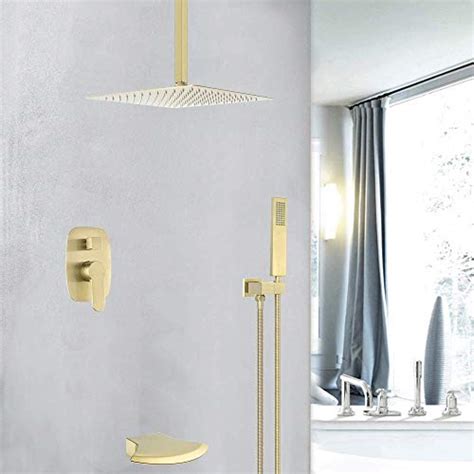 Katais Brushed Gold Shower System Waterfall Tub Spout Faucet Set With 12 Inch Ceiling Mounted