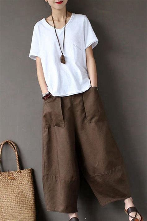 Coffee Loose Cotton Linen Casual Ankle Length Pants Women Clothes P1203