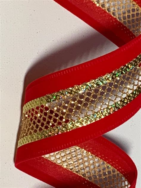 Red Velvet Ribbon Gold Metallic Mesh Middle Etsy