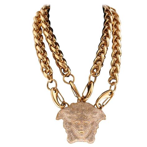 Versace Gold Double Chain Necklace W Crystal Embellished Medusa At
