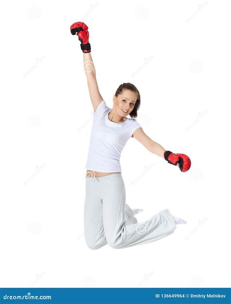 Young Woman In Fighting Gloves Stock Photo Image Of Power Jumping