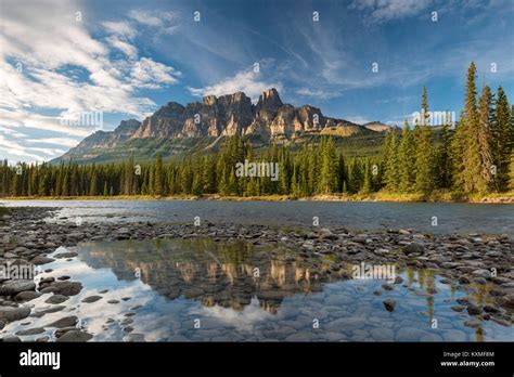 Castle Mountain Reflects In A Small Pool Of Bow River Banff National