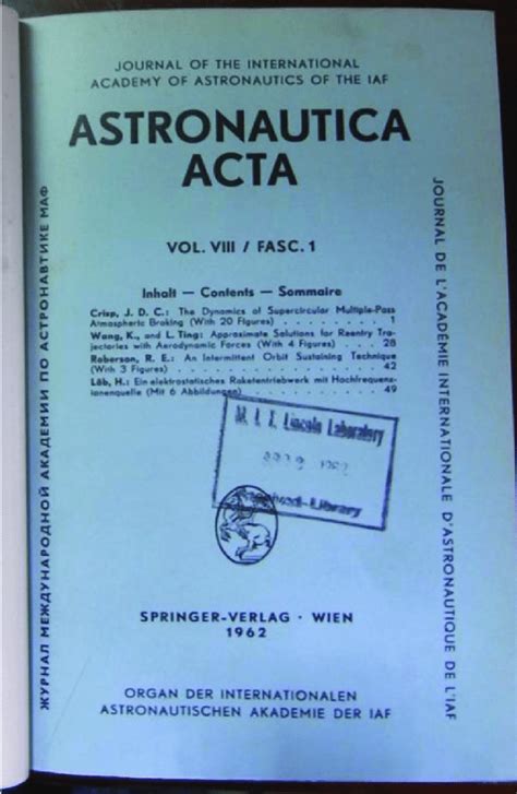 Cover Page Of Astronautica Acta Vol Viiifasc 1 1962 After Becoming