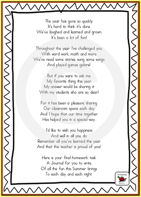 Summer Journal End Of Year T Poems For Students Letter To