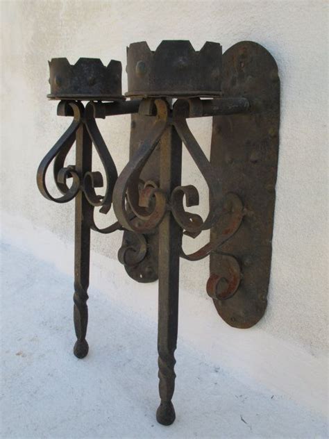 Pair Of Wrought Iron Medieval Gothic Torch Candle Holder Wall Sconces
