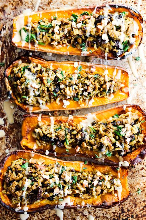 The stuffed pumpkin makes a when the stuffed pumpkin is fully cooked, serve on a platter with the lid (pumpkin stem top) removed. Savory Vegan Stuffed Butternut Squash | Emilie Eats
