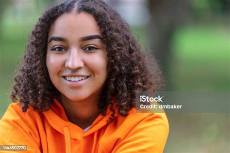 Happy Smiling Biracial Mixed Race African American Girl Teenager Stock