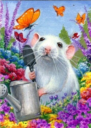 Aceo Original Painting Mouse Mice Spring Flowers Butterfly Animals