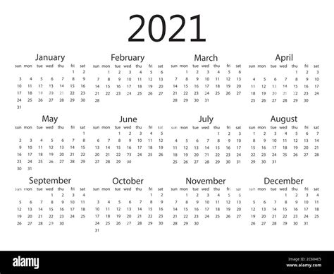 Calendario 2021 La Semana Comienza El Domingo Ilustración Vectorial Diseño Plano Imagen