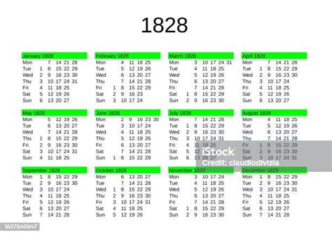 Year 1828 Calendar In English Stock Illustration Download Image Now