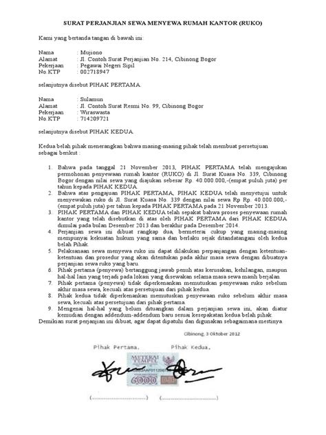 Perjanjian sewa akan disahkan setelah kedua belah pihak tanda tangan di atas materai. (DOC) Download Contoh Surat Perjanjian Sewa Rumah Format Word