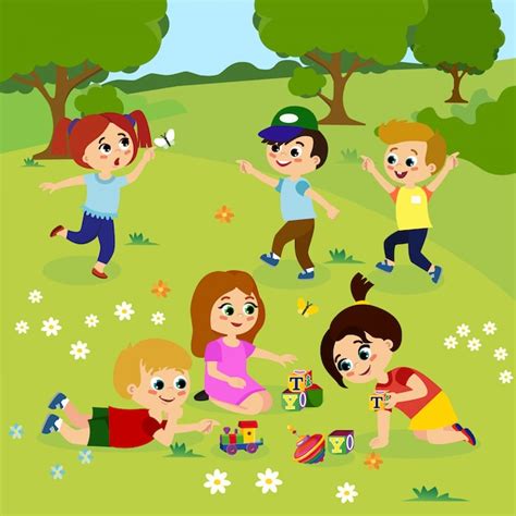 Illustration Of Kids Playing Outside On Green Grass With Flowers Trees