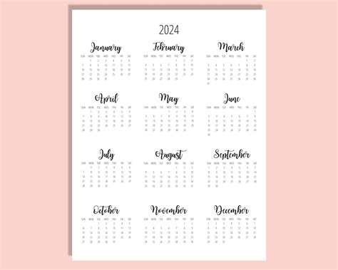 2024 Calendar Template 85 X 11 Inches Vertical Year At A Etsy