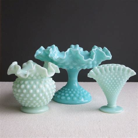Turquoise Blue Milk Glass Footed Compote By Fenton 1950s