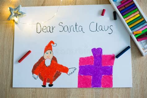 Child Pastel Drawing Of Santa Claus And Present Stock Image Image Of